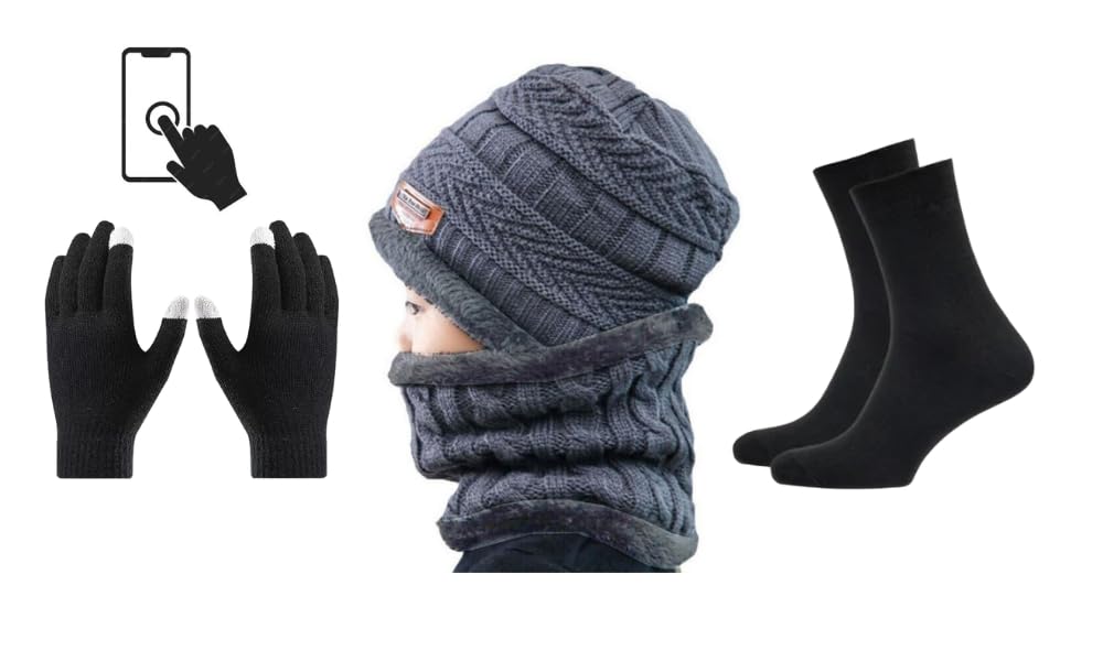 Himalaya Winter Woolen Cap+ Neck Scarf + Touchscreen Hand Glows + Hot SOCKS pair for UNISEX Original Warm & hotter for Winter (Pack of 4 items) Free Size All Items