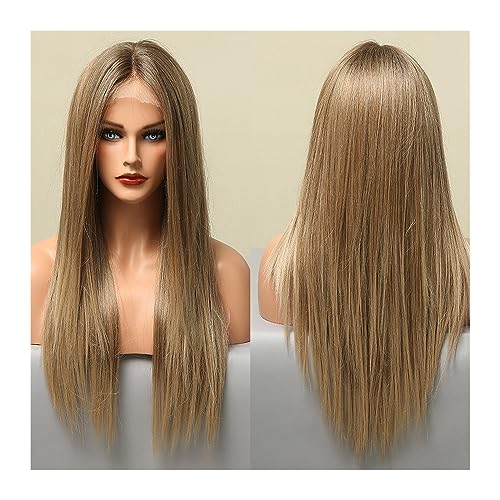Perruque de cheveux synthétiques longs lisses en dentelle avant pour femmes ombré brun blonde