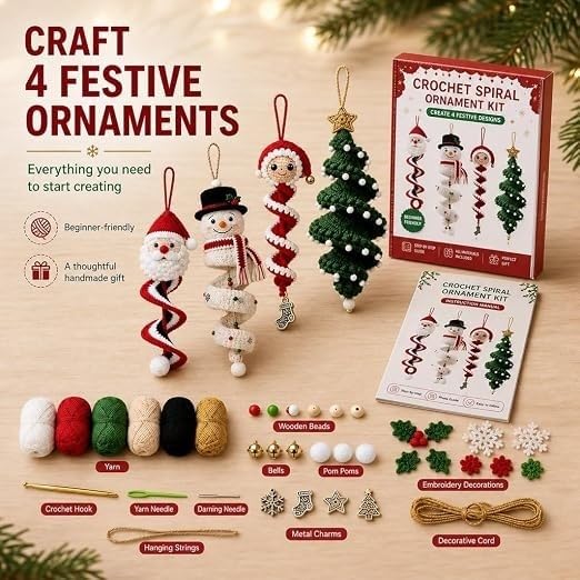 Kit De Crochet Navideño for Principiantes Conjunto De Adornos De Bricolaje | Crea decoraciones de Papá Noel, árboles y muñecos de nieve: regalo artesanal perfecto for adultos y niños(F1)