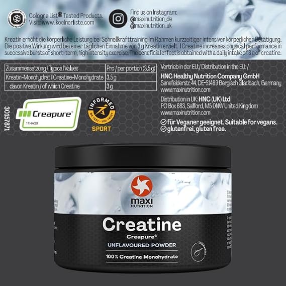 MaxiNutrition 100 Percent Creatine monohydrate, (Creapure) 250g, high dose and Pure creatine Powder for Maximum Performance During Your Training, Unflavoured (Pack of 2)