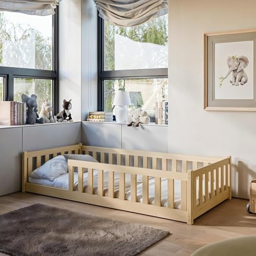 Kids Collective Letto a terra Montessori per bambini 90 x 190 cm con protezione anticaduta e rete a doghe Naturale Altre misure 80 x 160 cm 120 x 200 cm 140 x 200 cm