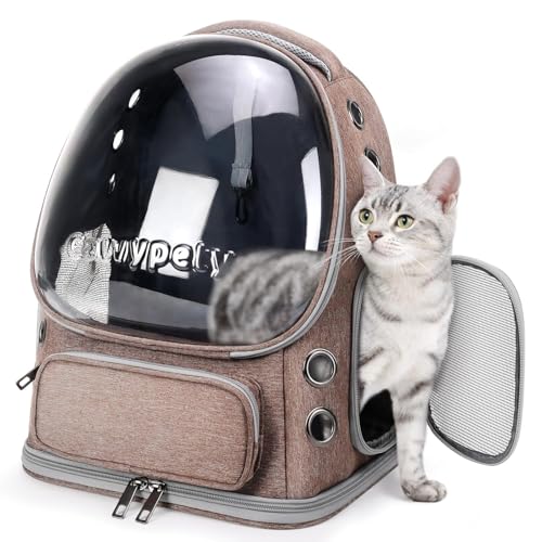 Image of Cat Backpack Carrier, Breathable Cat Carrier Pet Backpack for Kitty Small Dog Up to 15Lbs, Transparent & Foldable Pet Carrier for Travel Hiking (Khaki)