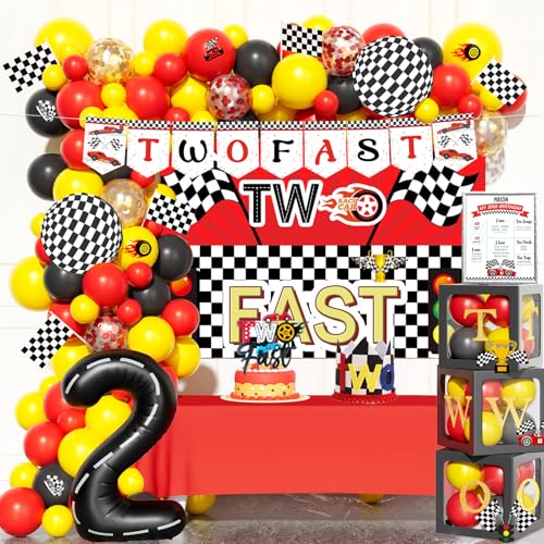 Fiesec Two Fast Birthday Decorations – 131 PCs Race Car Themed Birthday Party Supplies with Two Fast Backdrop, Balloon Garland, Balloon Boxes, Number 2 Foil Balloon, Banner, Cake Topper, Poster