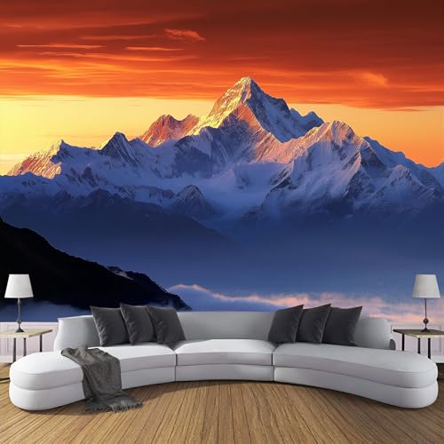 Papel Tapiz Fotográfico 3D, Puesta De Sol Montañas Nevadas Papel Tapiz Tela De Seda, Sala De Estar Dormitorio Paisaje Natural Póster Decoración De Pared, 150Anx105Al Mural De Papel Tapiz Panorámico