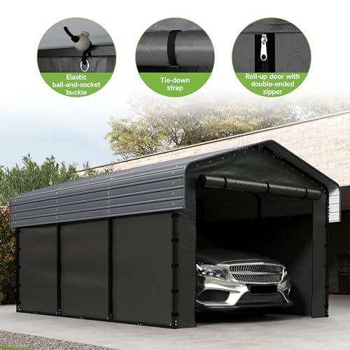 Image of 10x15FT Heavy Duty Metal Carport,Outdoor Garage with Removable Sidewalls & Doors, Heavy Duty Steel Frame and Galvanized Roof for Cars and Boats, Gray