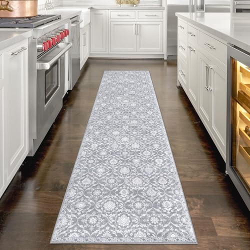 KILOCOCO 2x8 Runner Rug, Moroccan Super Soft Washable Hallway Runner Rug, Accent Print Faux Wool Kitchen Runner Rug 8 Feet Non-Slip Boho Rug Runner for Laundry Room Bedroom, Silver Grey/Blue
