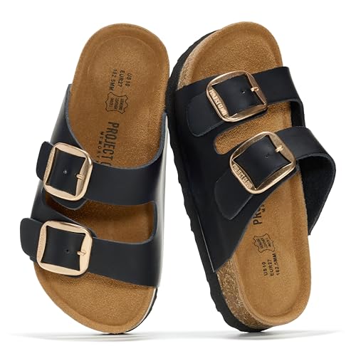 Image of Project Cloud Kids Sandals 100% Genuine Leather - Natural Cork Footbed Non-Slip Slides for Kids - Lightweight Boys & Girls Sandals - Water-Resistant Girls & Boys Sandals