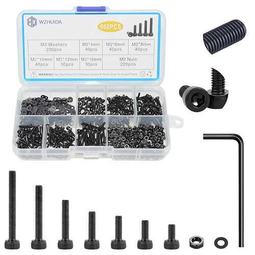 WZHUIDA 660 Stück M2 Schrauben Set Schwarz Metrisch Zylinderkopfschrauben Innensechskant Schrauben Muttern und Unterlegscheiben Sortiment Set Gewindemaschinen Sechskantschrauben
