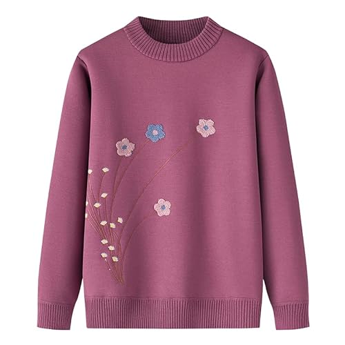 YONGHONGKEJI Pull Tricoté pour Personnes Âgées Doublure Sherpa Pulls Tricotés D'Âge Moyen et Âgés Broderie Florale Vintage Pull pour Vieille Dame À Manches Longues Pull À Col Rond Cadeaux P