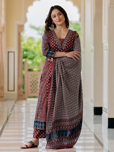 Image of Arayna Women's 100% Pure Cotton Printed Ethnic Suit | A-Line Kurta Set with Pant & Dupatta