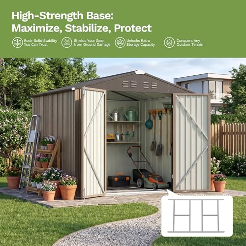 Image of Devoko 8 x 6 FT Storage Sheds with Floor Frame, Waterproof Garden Tool Shed with Lockable Door, Outdoor Metal Utility Shed for Backyard Patio Lawn, Brown