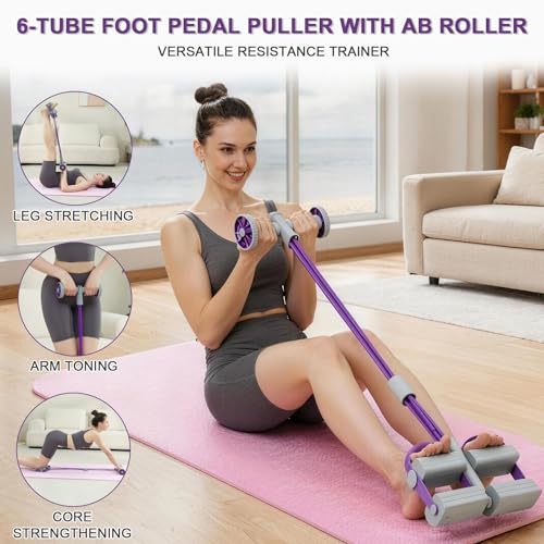 TRSAIM 6-Tube Pedal Resistance Bands with Handles & Ab Roller, 2-in-1 Foot Pedal Puller, Home Gym Workout Equipment for Core Training, Full Body Exercise for Arm, Leg, Waist, Back (Purple) — view 3