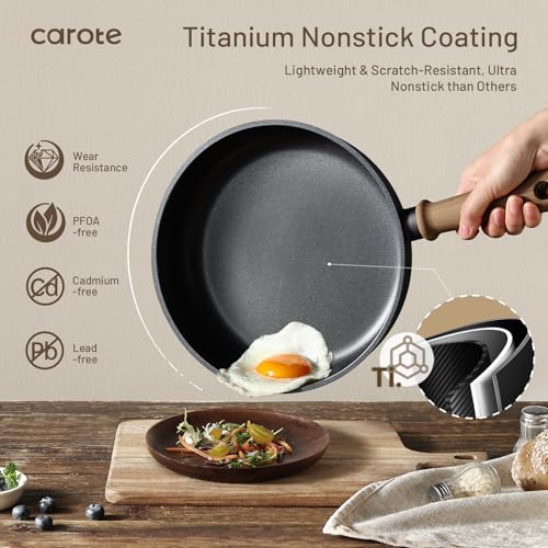 Image of CAROTE Non Stick Frying Pans, 9.5 inch Nonstick Skillet Titanium Frying Pan Chef's Pan, Titanium Lightweight, Stay-cool Handle, Compatible with All Stoves, Black