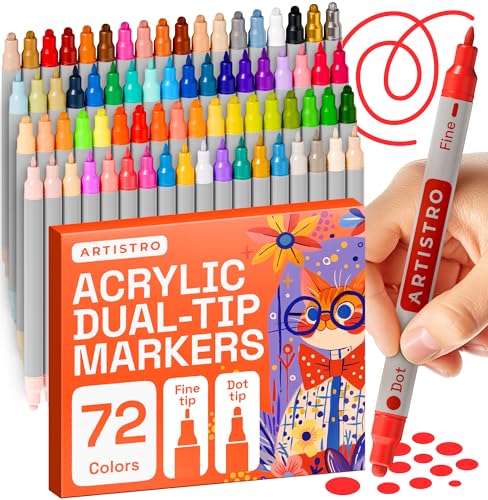 Image of ARTISTRO 72 Acrylic Paint Markers for Rock, Fabric, Wood, Glass, Eggs - Dual-Tip Paint Pens for Coloring Books for Adults, Teens, Kids - Art & Craft Supplies - Gift Idea - Easter Basket Stuffers