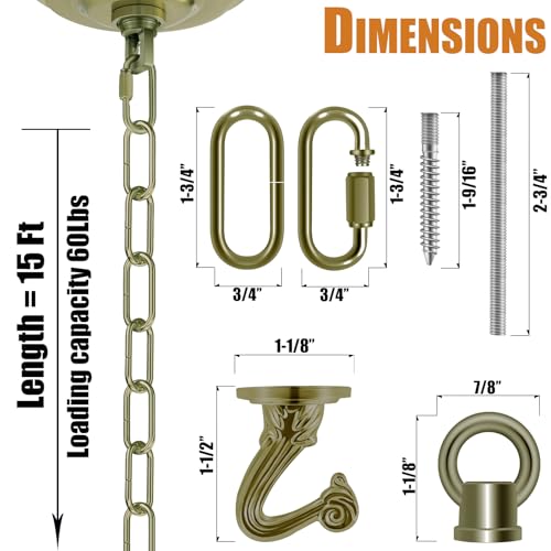 Image of 15 Ft Heavy Duty Hanging Chain Kit (Bronze) | with Connection Locks & Swag Ceiling Hooks for Lighting Fixture, Chandelier, Pendant, Lantern, Swag Lamp, Bird Feeder