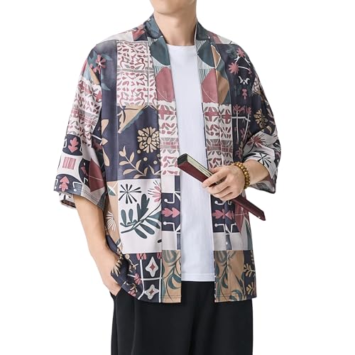 Image of PRIJOUHE Men's Japanese Kimono Cardigan Jackets Casual Long Sleeve Open Front Coat Lightweight Yukata Outwear
