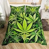 Feelyou Marijuana Leaf Bedding Set Cannabis Leaves Comforter Cover for Men Adult Marijuana Weed Leaf Printed Duvet Cover Green Nature Bedspread Cover Room Decor 3Pcs with 2 Pillow Case Queen Size