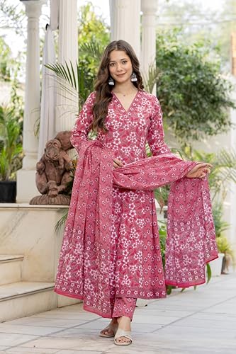 Image of Aradhika Women's Pure Cotton Printed Anarkali Kurta with Pants and Dupatta | 3 Pieces Ethnic Wear for Women | Casual, Festive & Dailywear | Soft & Breathable Kurta Suit Set.
