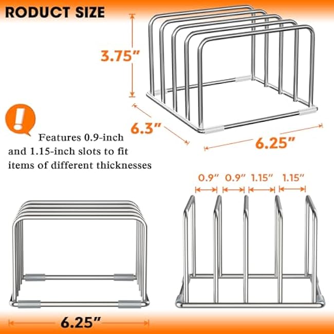 304 Stainless Steel Cutting Board Organizer Rack ¨C Rustproof Compact 4-Slot Holder for Thin Cutting Boards and Plates ¨C Premium Kitchen Storage Solution for Countertops and Cabinets