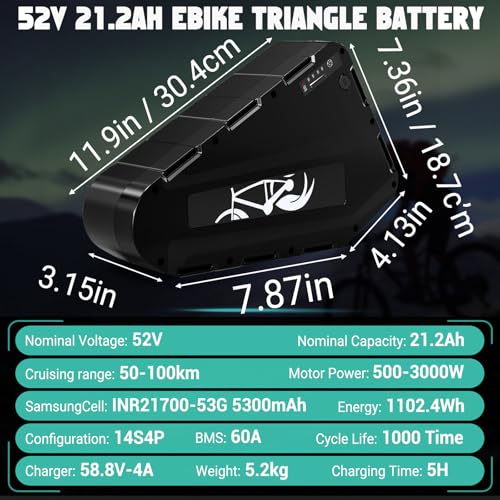 Image of 52V 21.2Ah Samsungcell Ebike Battery with 4A Fast Charger, 60A Smart BMS, XT90 Connector, Long Range Triangle Lithium Battery for 500W-3000W Electric Bike, Commuting and Off-Road Riding