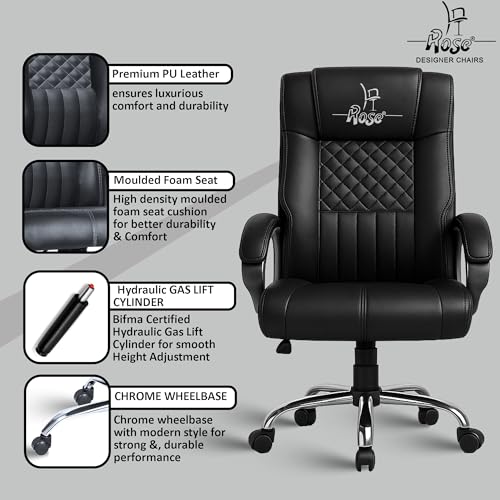 Image of ROSE Iran | 3-Year Brand Warranty | Comfortable High Back Chair | Adjustable Boss Chair for Home Office, Swivel Revolving Professional Executive (Black, Leatherette HB)