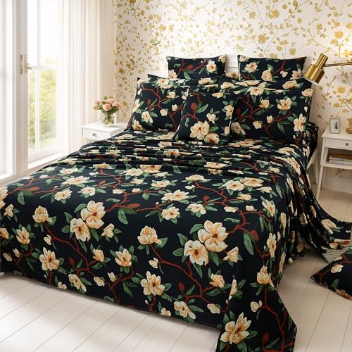 Image of FADFAY Sheets Set Twin Shabby Black and Yellow Floral Bedding Elegant Peony Sheets Set Vintage Farmhouse Bedding Soft 100% Egyptian Cotton 800 Thread Count Deep Pocket Fitted Sheet, 4Pcs-Twin Size