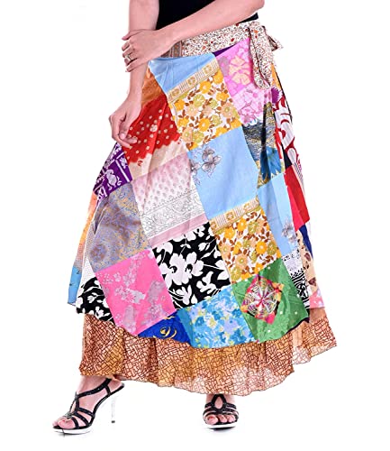 Anya Trades Sari Silk Vintage Patchwork Wraparound Long Skirt Magic Full Length & Reversible Beach Cover UP Multicoloured
