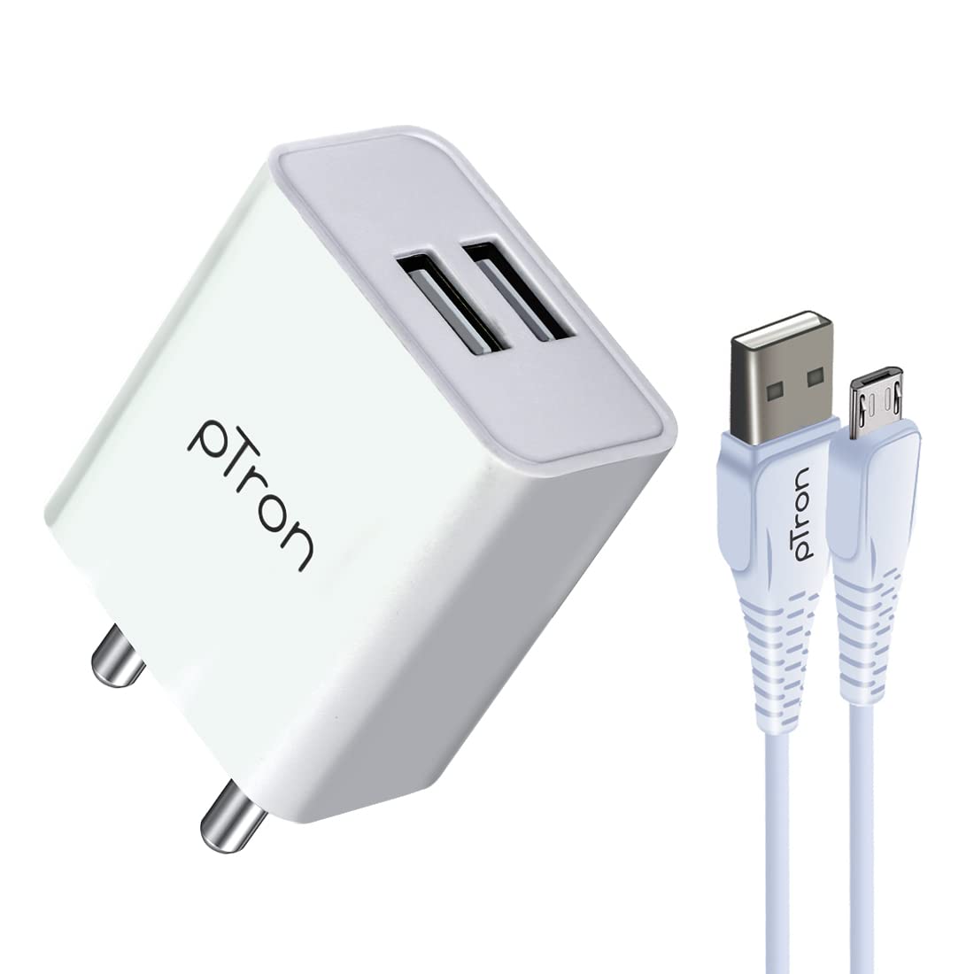 pTron Volta Dual Port 12W Smart USB Charger Adapter with 1M Micro USB Cable, Multi-Layer Protection, Made in India, BIS Certified, Fast Charging Adaptor for All iOS & Android Devices (White)