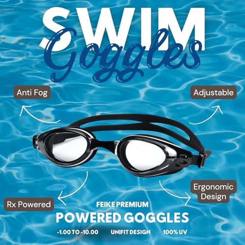 Image of AEC Feike VisionPro Powered Swim Goggles Anti Fog UV Protection Swimming Glasses with Power Lenses for Nearsighted Men & Women (Black, -6.00)
