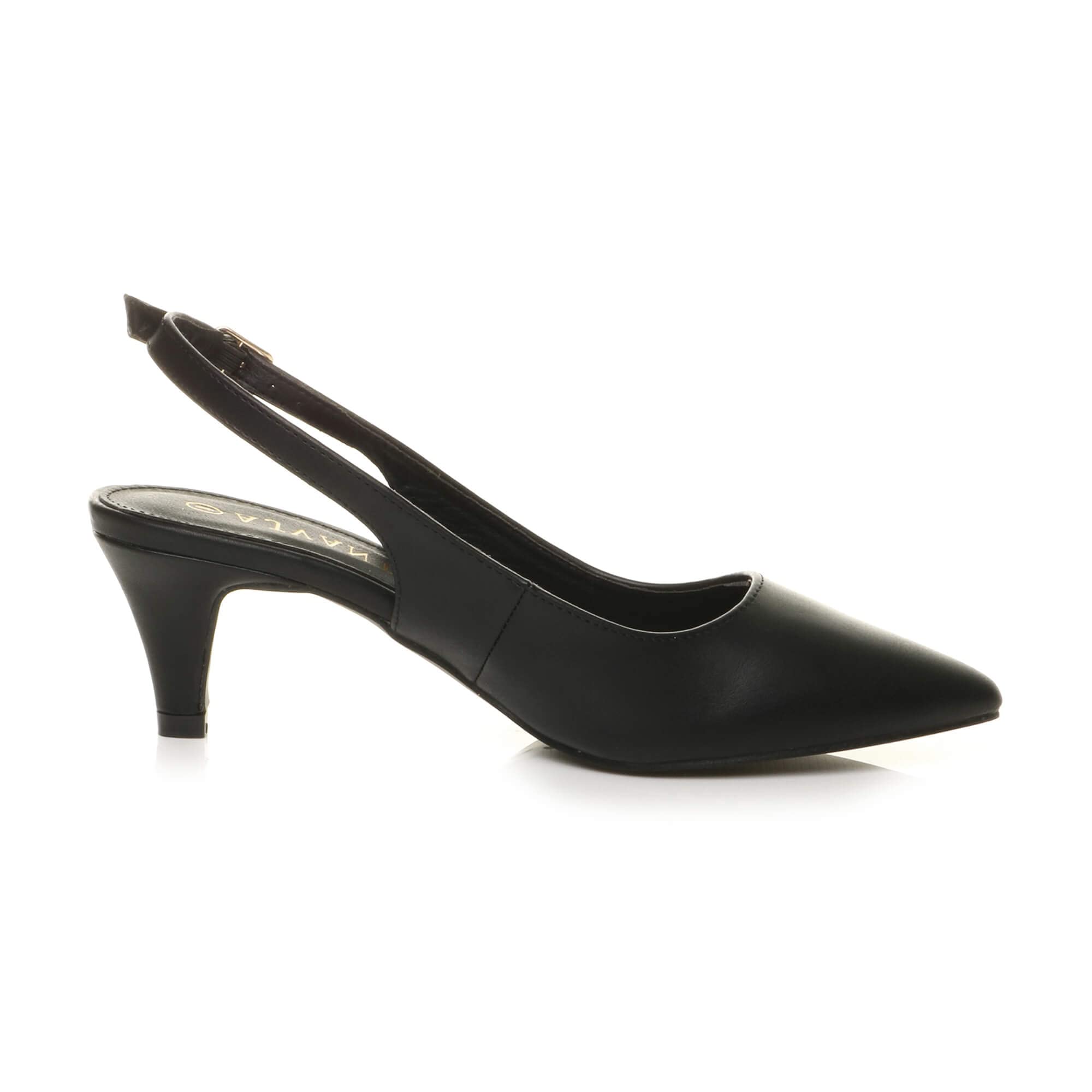 Damen Kleiner Absatz Party Abend Hochzeit 50er Slingback Schnalle Spitz Schuhe mit Offenem Rücken Größe