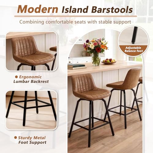 Image of 26 inch Counter Height Bar Stools Set of 4, 360Swivel Bar Stools Stripes PU Leather, Island Stools with Back and Metal Legs, Bar Chairs for Kitchen, Bar, Dining Room, Brown