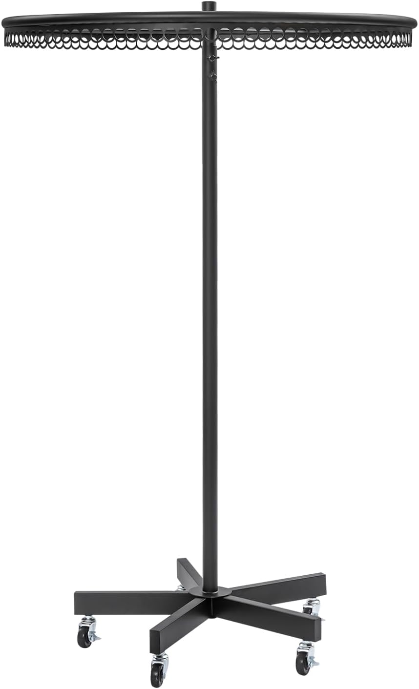 Rotatable Round Garment Rack with Wheels, Height Adjustable Floor Standing Metal Clothing Rack, Commercial Clothes Display Stand for Retail Boutiques Laundry Room (Black)