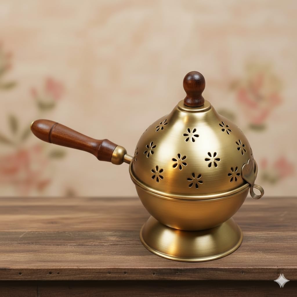 ARS Metal Dhoop Dani Incense Burner with Wooden Handle, Floral Cut-Out Design, Heat Resistant Loban Holder for Home Temple Puja, Meditation and Spiritual Gifting (Gold)-image-8