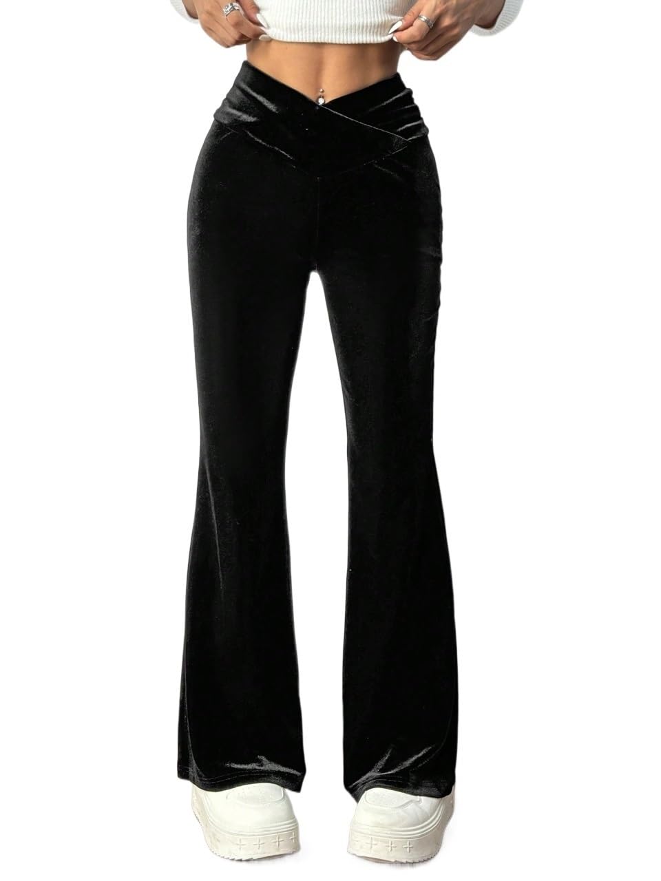 EFJONE Womens Pants Solid Color Asymmetric Waist Velvet Flared Pants Casual Trousers