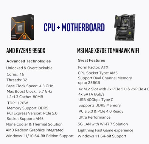 Image of Micro Center AMD Ryzen 9 9950X CPU Processor with MSI MAG X870E Tomahawk WiFi ATX Motherboard (DDR5, PCIe 5.0 x16, M.2 Gen5, Wi-Fi 7, 5G LAN)
