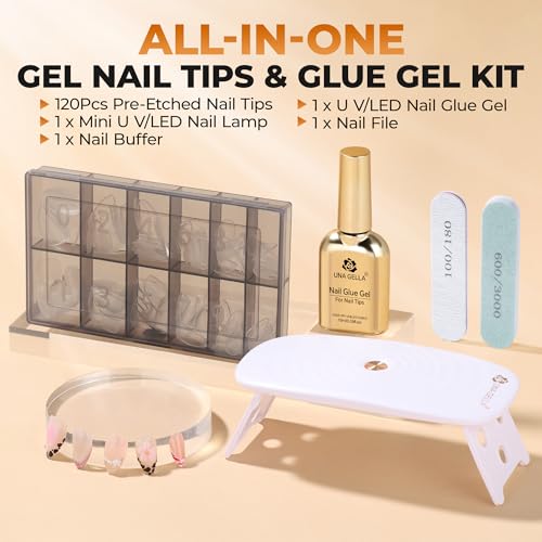 Image of UNA GELLA Short Almond Gel Nail Tips Kit, Nail Tips 120Pcs with Nail Glue