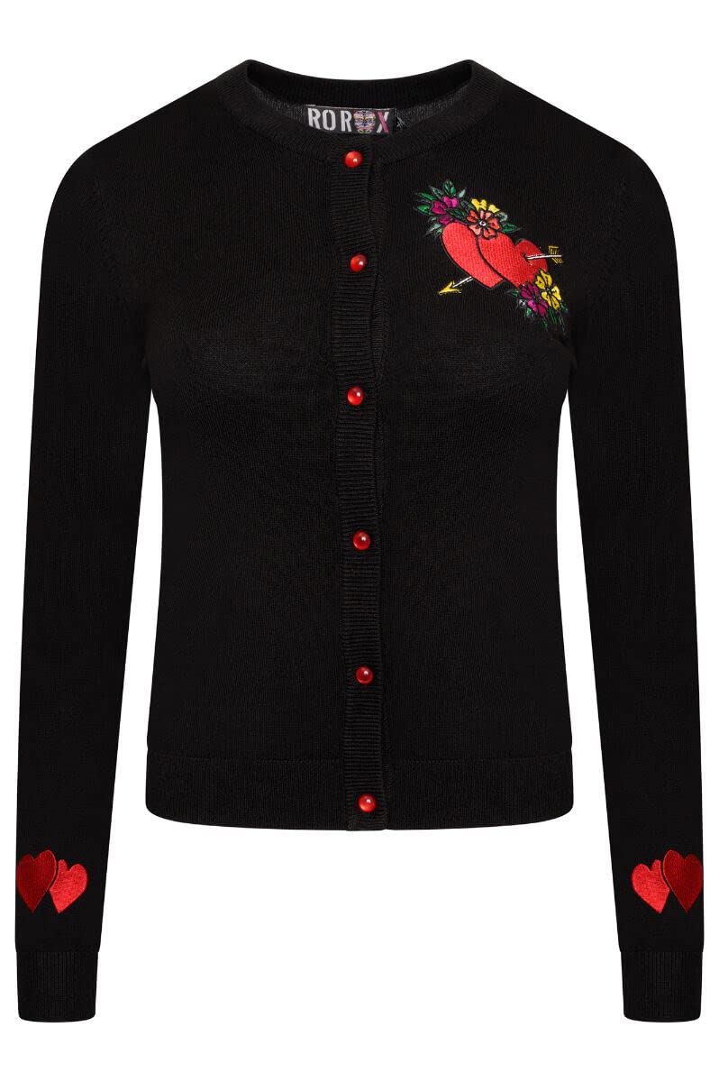 Ro Rox Heart Cardigan Leana Rockabilly Embroidery Knitted Long Sleeve, Black, 3XL