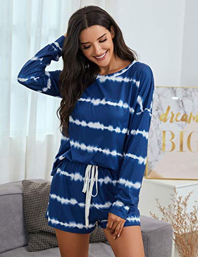 ZETIY Women\'s Pajamas Set Tie Dye Striped Long Sleeve Tops with Shorts Sleepwear Loungewear (XL, Blue) - Thumbnail 5