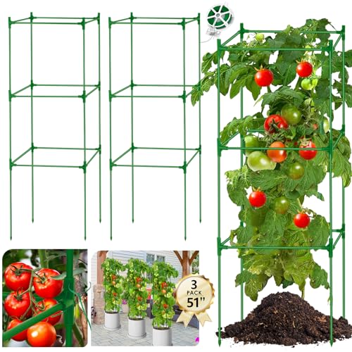 WYRJXYB Tomato Cages Square for Garden 3 Packs - Heavy Duty Steel Tomatoes Cage Tall Up to 51in & 164Ft Twist Tie, Tomato Plant Stakes Support Cages Trellis for Pots Garden Vegetable Climbing Fruit