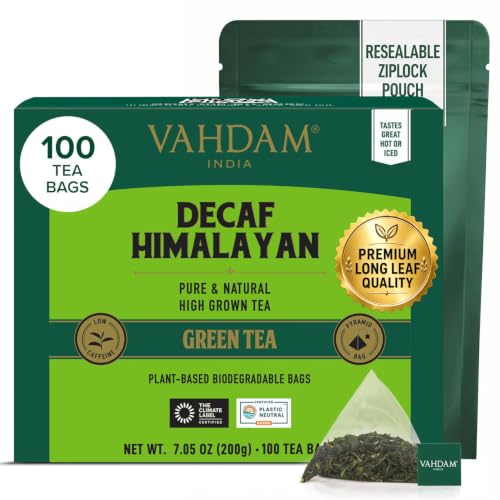 Image of VAHDAM, Decaf Himalayan Green Tea Bags (100 Pyramid Tea Bags) Caffeine Free, Gluten Free | High Grown Decaf Green Tea | Resealable Ziplock Pouch | Pyramid Tea Bags