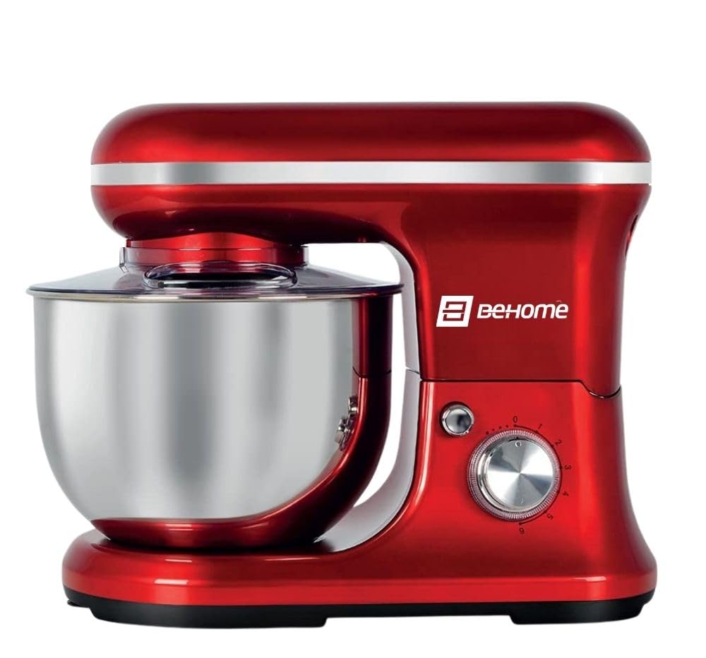 BEHOME Robot Patissier Professionnel 1200W avec Bol d'Acier Inoxydable 5L, 6+P Vitesses, 2 Fouets et 1 Crochet Pétrisseur (Rouge)