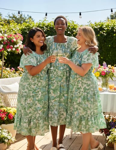 Image of Bbonlinedress Womens Casual Floral Summer Smocked Beach Party Boho Midi Square Neck Dress