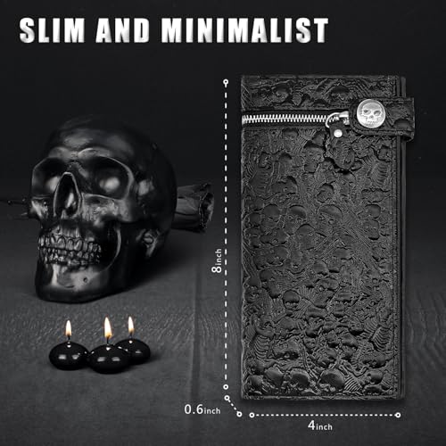 Long Chain Wallet Leather Skull Gothic Punk Bifold Halloween Goth Accessories,Unisex - Midnight Black3