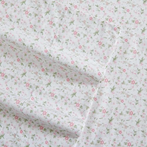 Image of Laura Ashley - Twin Size Sheet Set, Crisp & Lightweight Cotton Percale Bedding with Fitted Sheet and Pillowcase, Floral Room Decor, Deep Pocket, College Dorm Room Essentials (Evie Pink)