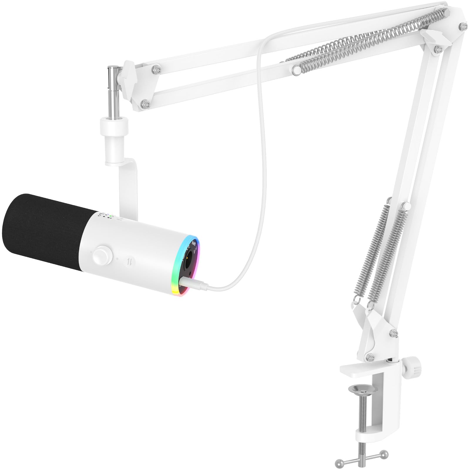 TONOR Dynamiczny mikrofon do gier, mikrofon XLR/USB do strumieniowego przesyłania, redukcja szumów AI, sterowany RGB, wyciszenie, gniazdo słuchawkowe 3,5 mm, mikrofon z ramieniem szubienicowym, biały