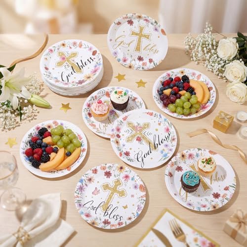 Image of Funnymoom 60 Pcs Baptism Plates Baptism Party Supplies 7 Inch God Bless Floral Paper Plates Decoration for Girls Disposable Flower Party Decoration for Mi Bautizo Christening Confirmation Baby Shower