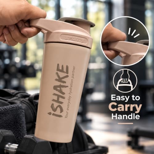 Image of Stainless Steel Protein Shaker Bottle, 100% Leakproof Metal Gym Shaker, Durable Steel Gym Sipper Bottle for Smooth Protein Mixing with Measurement, 700 ml Capacity (Nude Beige)