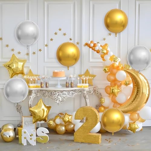 Image of 6Pcs 22 inch Silver Gold Metallic Ball Balloons 4D Large Foil Balloons for 70s Disco Party Birthday Decorations