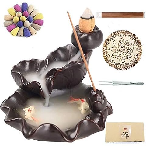 Ceramic Backflow Incense Holder Waterfall Incense Burner, Aromatherapy Ornament Home Decor with 30 Backflow Incense Cones + 50 Incense Stick Cover