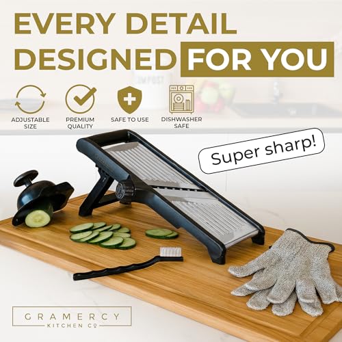 Image of Gramercy Adjustable Mandoline Food Slicer, Mandoline Slicer for Kitchen, Mandolin, Potato, Tomato, Carrot, Vegetable, Fruit and Onion Cutter, Stainless Steel, INCLUDING Cut-Resistant Glove, Black Lite